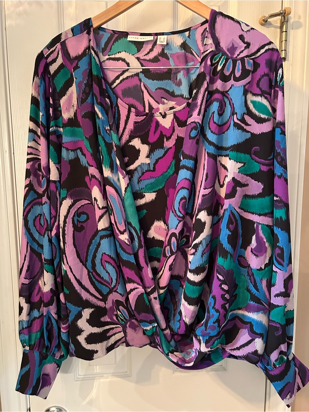 Susan Graver Multicolor Abstract Print Draped Blouse — Purple, Teal, Black